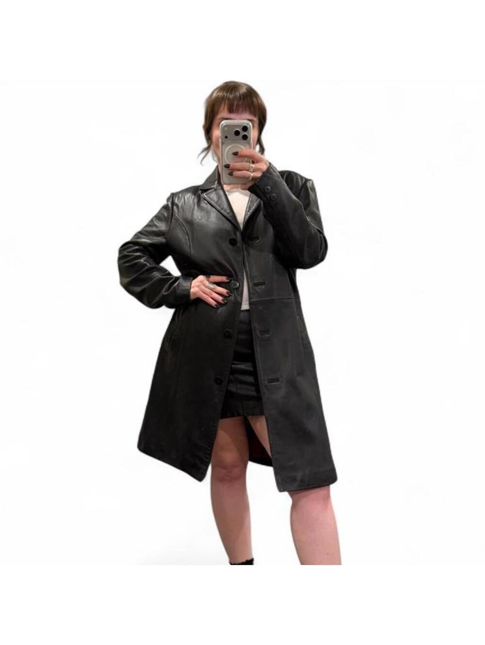 Vintage 90s Black Genuine Leather Longline Blazer Coat